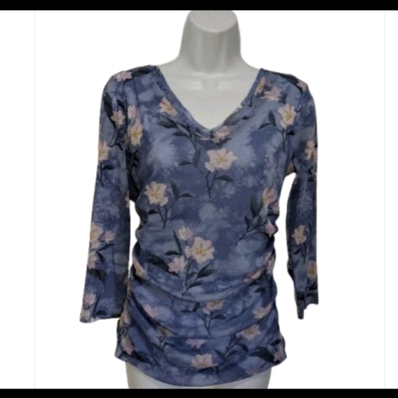 INC International Concepts Mesh Ruched Long Sleeve Top M Floral Whimsical #7200 - Picture 1 of 7